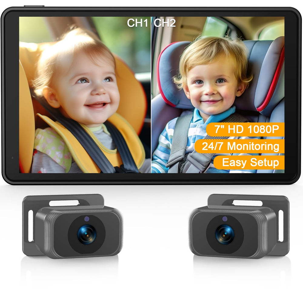 Thybro baby car camera with dual 1080p cameras provides a clear rear-seat view for twins on road trips.