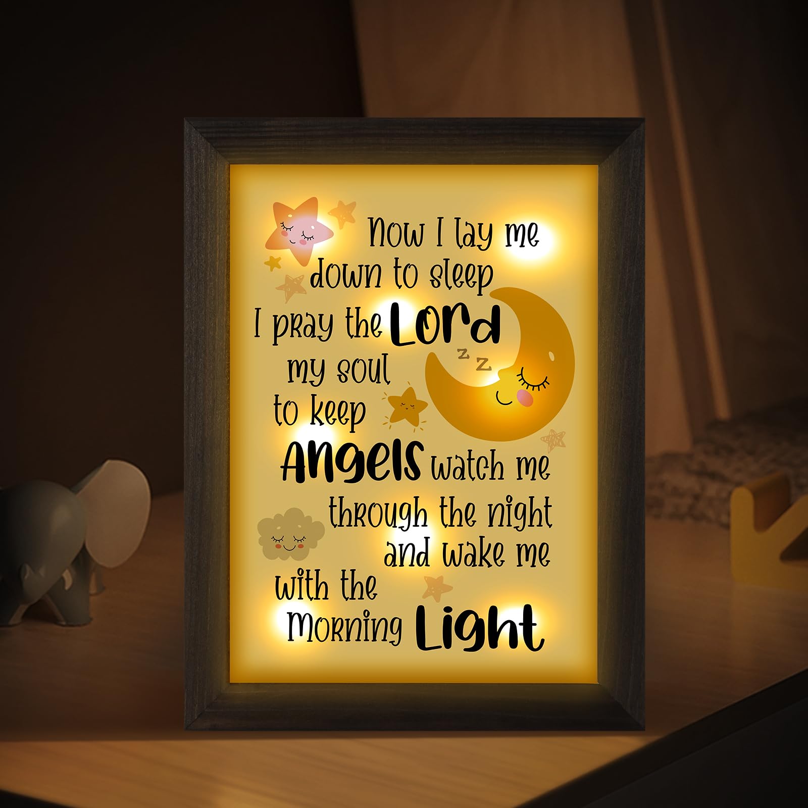 THYGIFTREE baptism keepsake wood frame with soft glow for bedtime prayers.