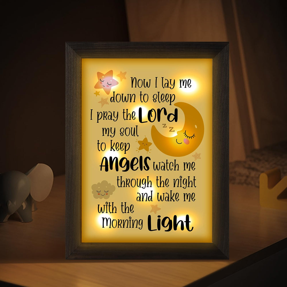 THYGIFTREE baptism keepsake wood frame with soft glow for bedtime prayers.