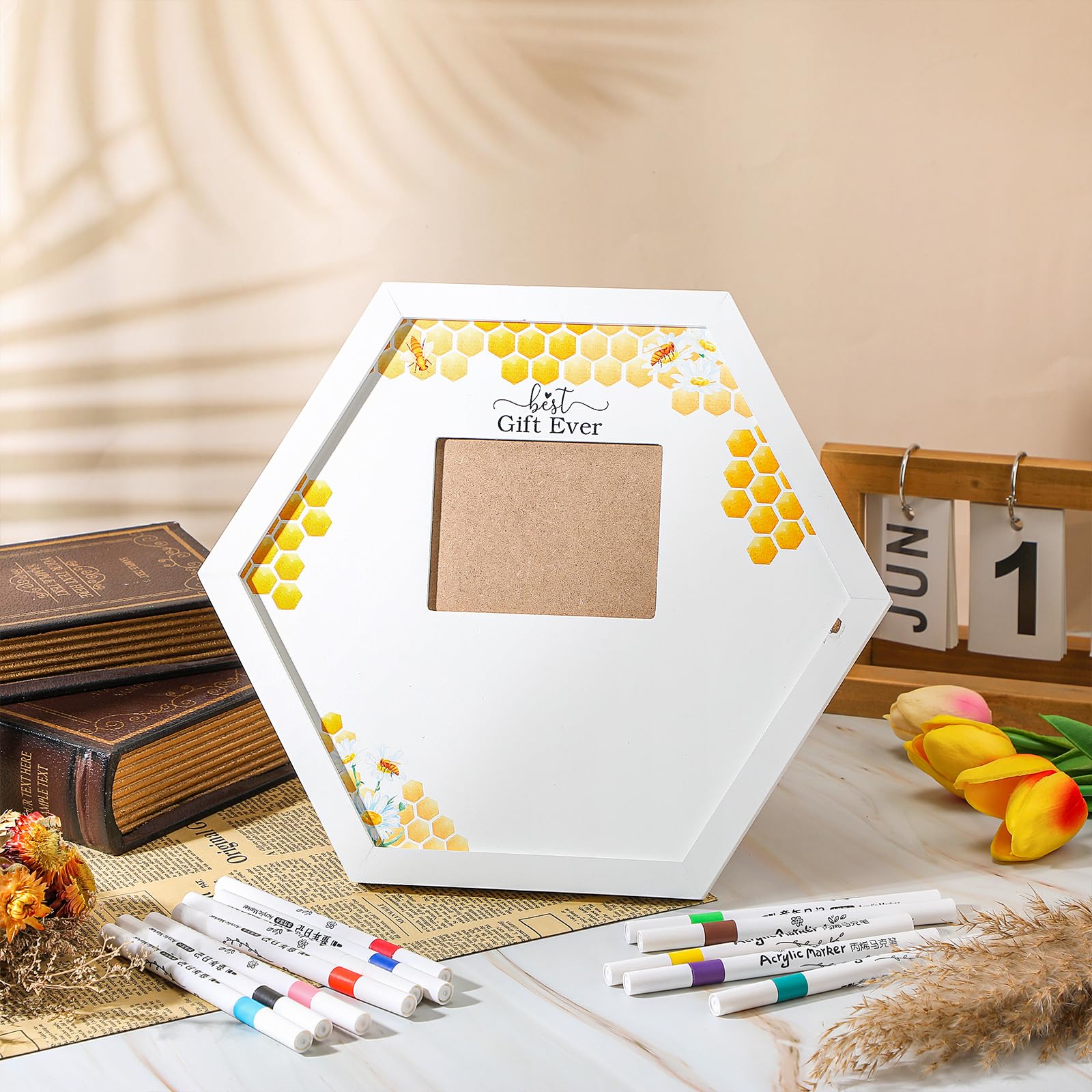 Thyle hexagon bee-design frame adds playful, elegant shower decor