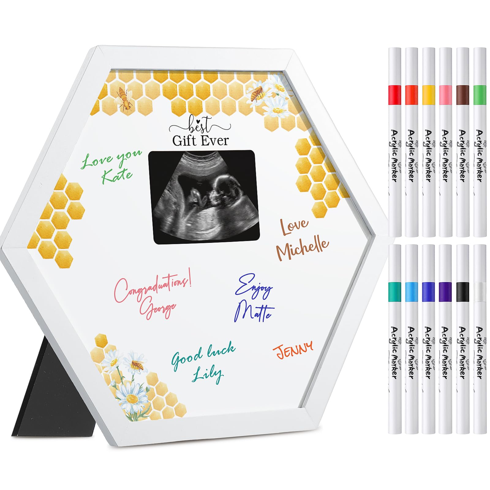 Thyle honeycomb baby shower frame shows ultrasound photo area for signatures