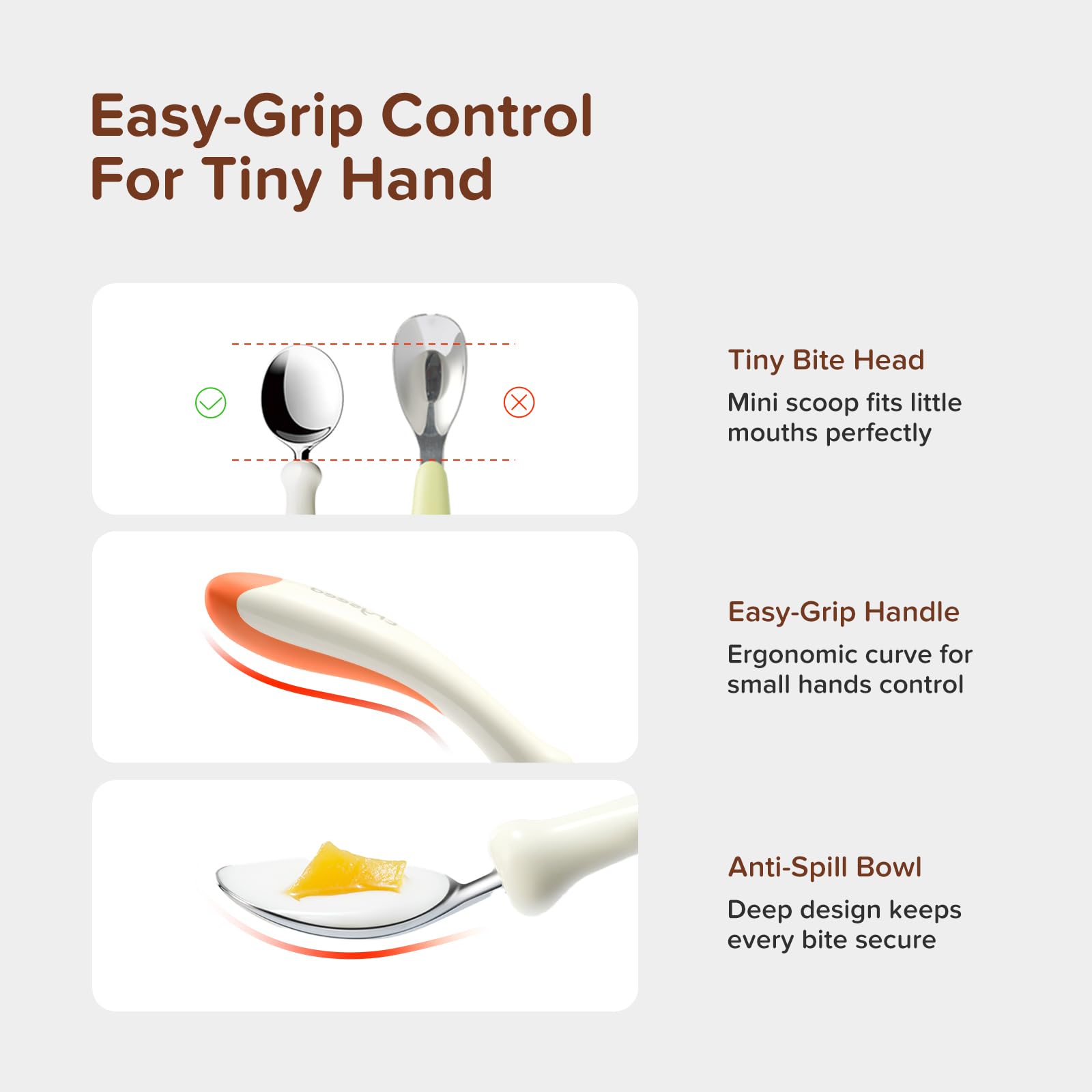 Thyseed wide spoon and small fork support toddler self-feeding skills.