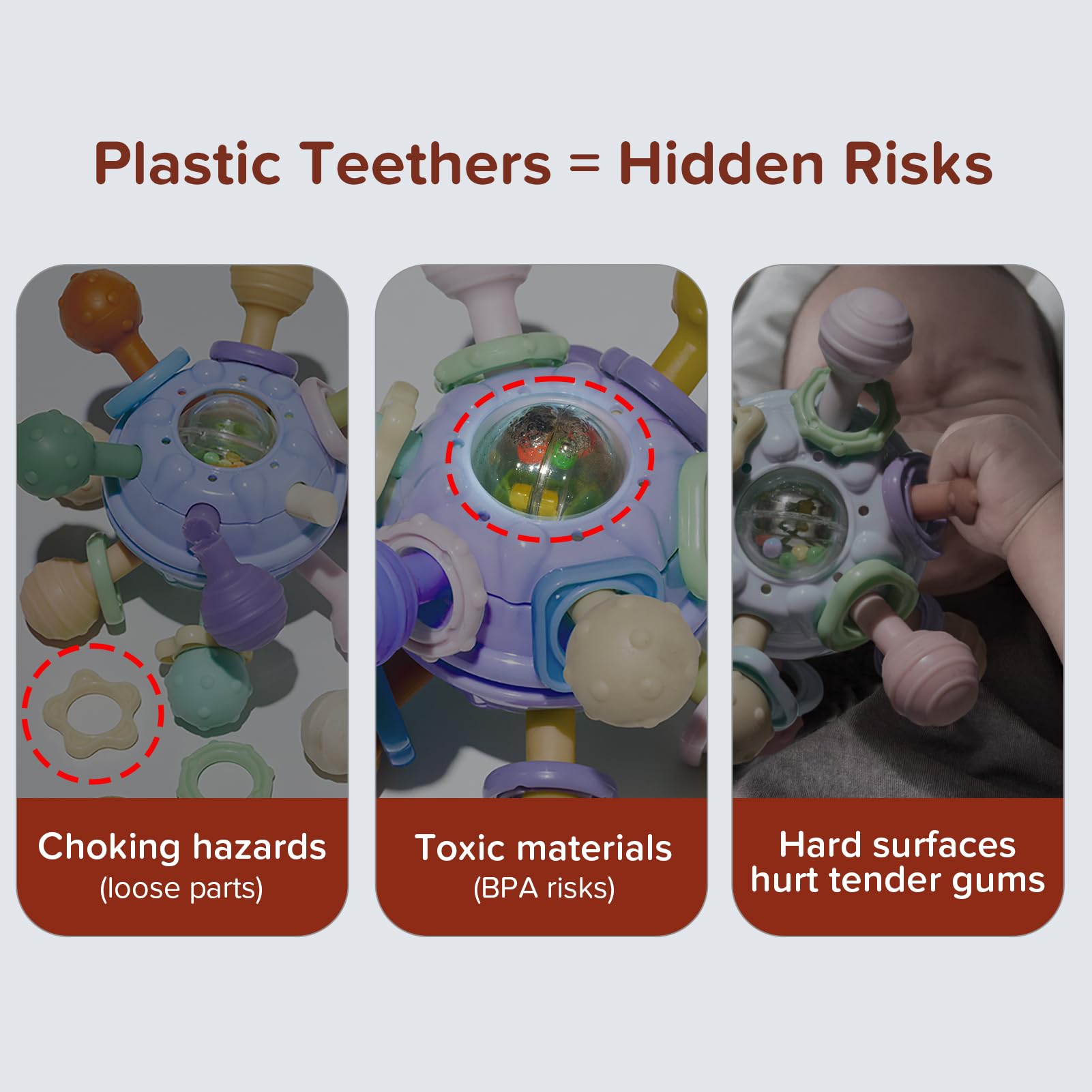 Thyseed mini teether safety design features smooth rings to prevent poking.