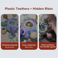 Thyseed mini teether safety design features smooth rings to prevent poking.