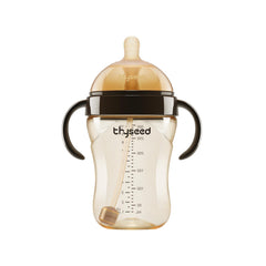 Thyseed PPSU natural breast-like bottle closeup shows safe materials for baby feeding.