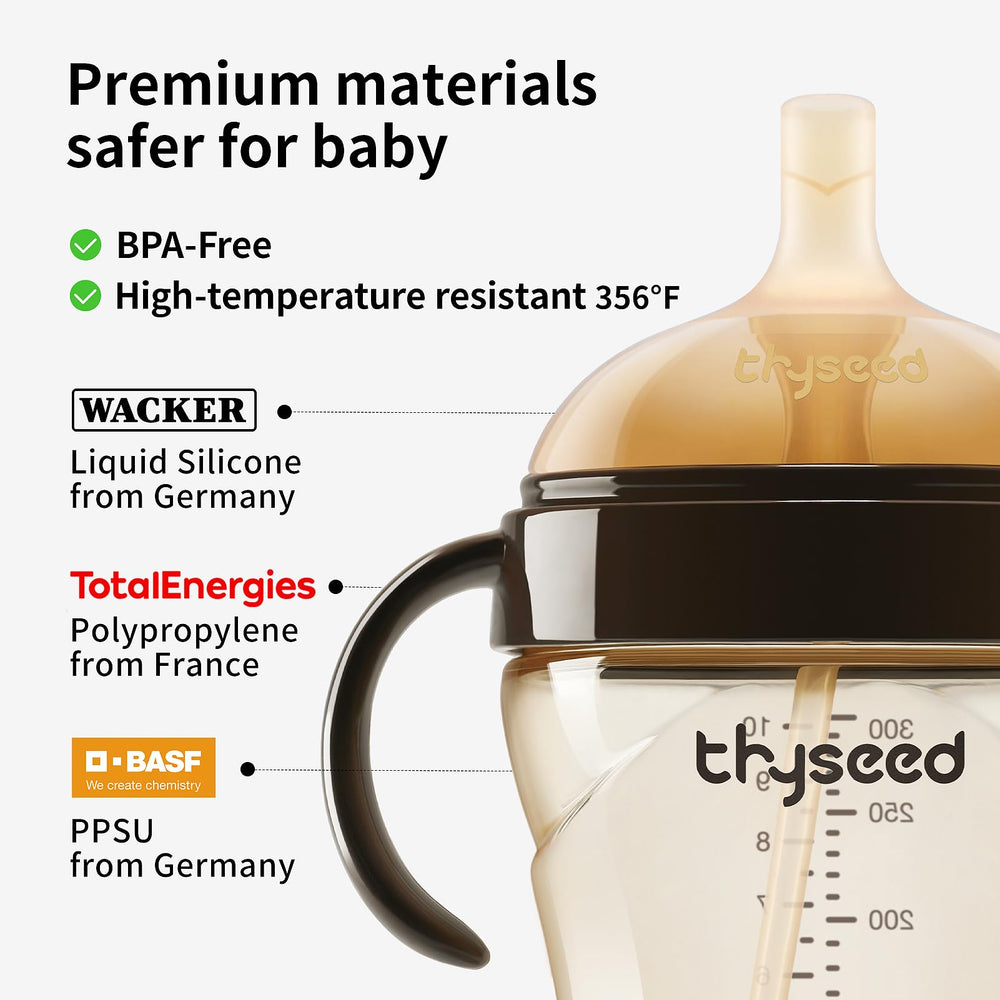 thyseed PPSU weighted straw cup 10oz 300ml markings visible for precise portion control.