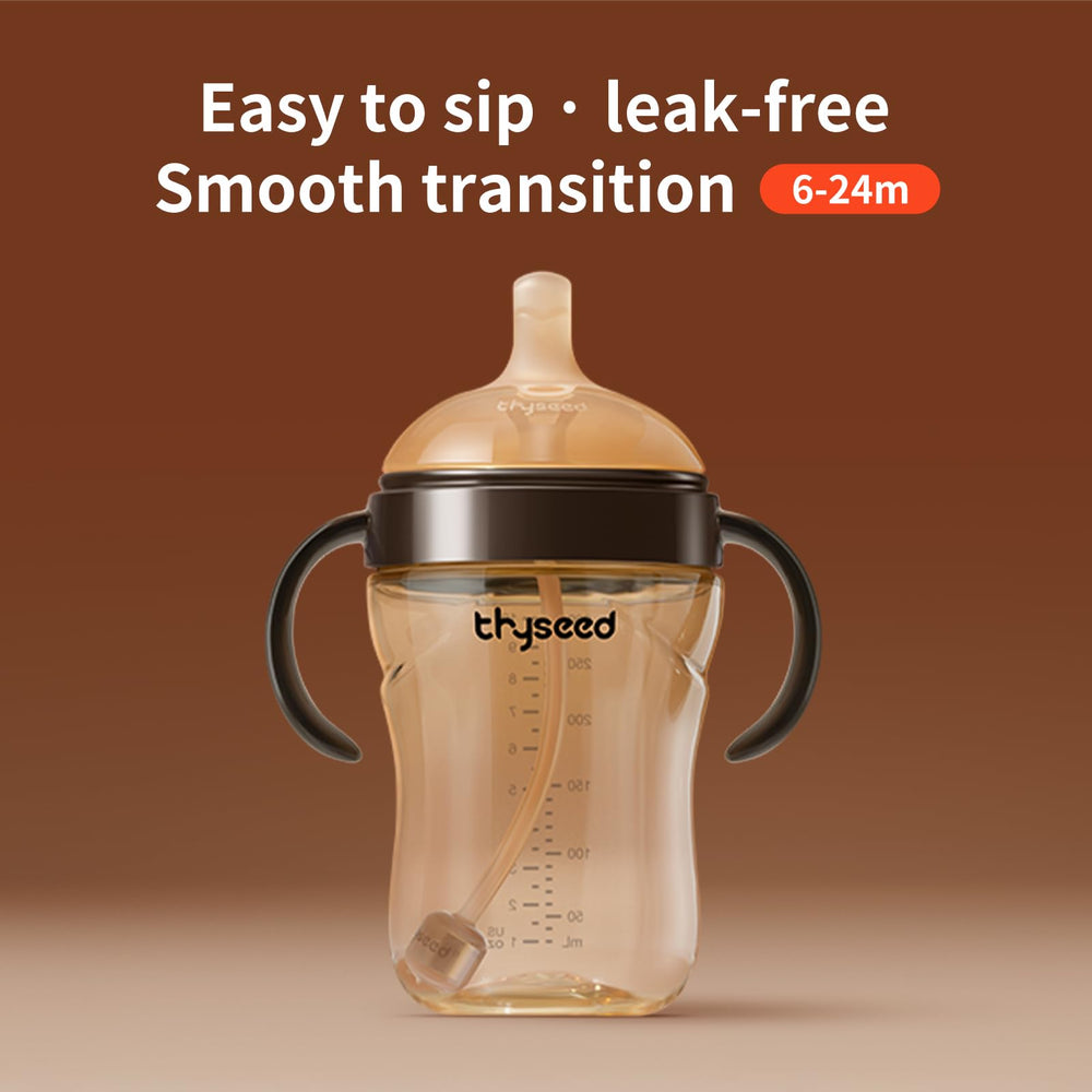thyseed PPSU weighted straw cup spout soft silicone demonstrates gentle sipping for teething toddlers.