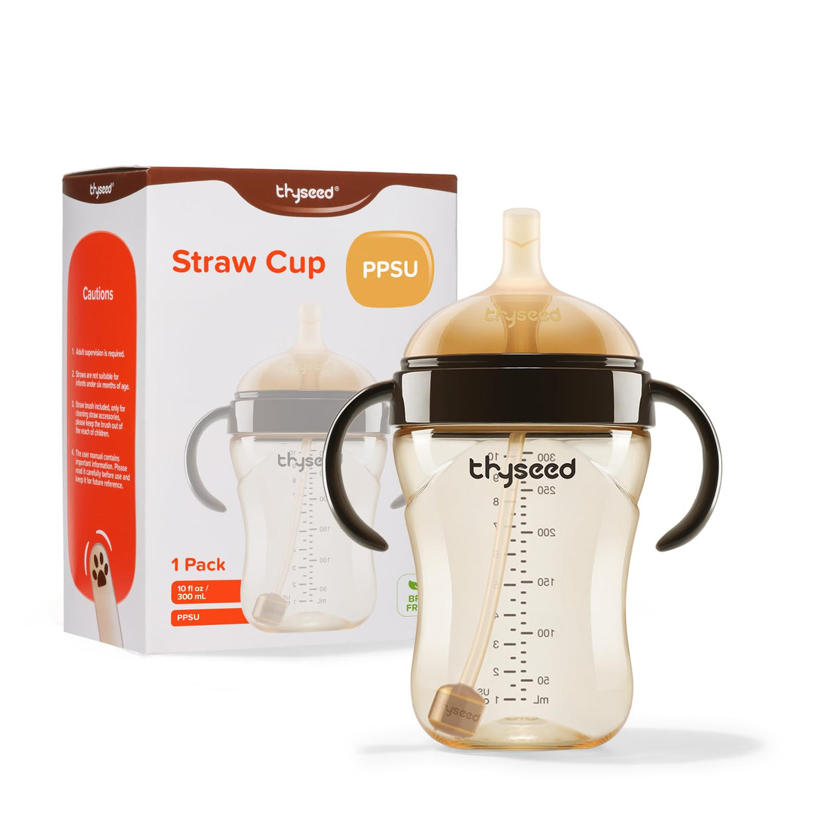 thyseed PPSU weighted straw cup with handles close-up shows easy-grip design for toddlers.