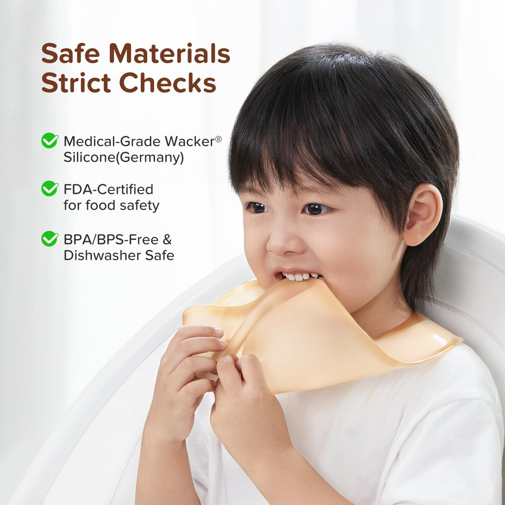 thyseed silicone bib travel-ready over a stroller tray protects clothing