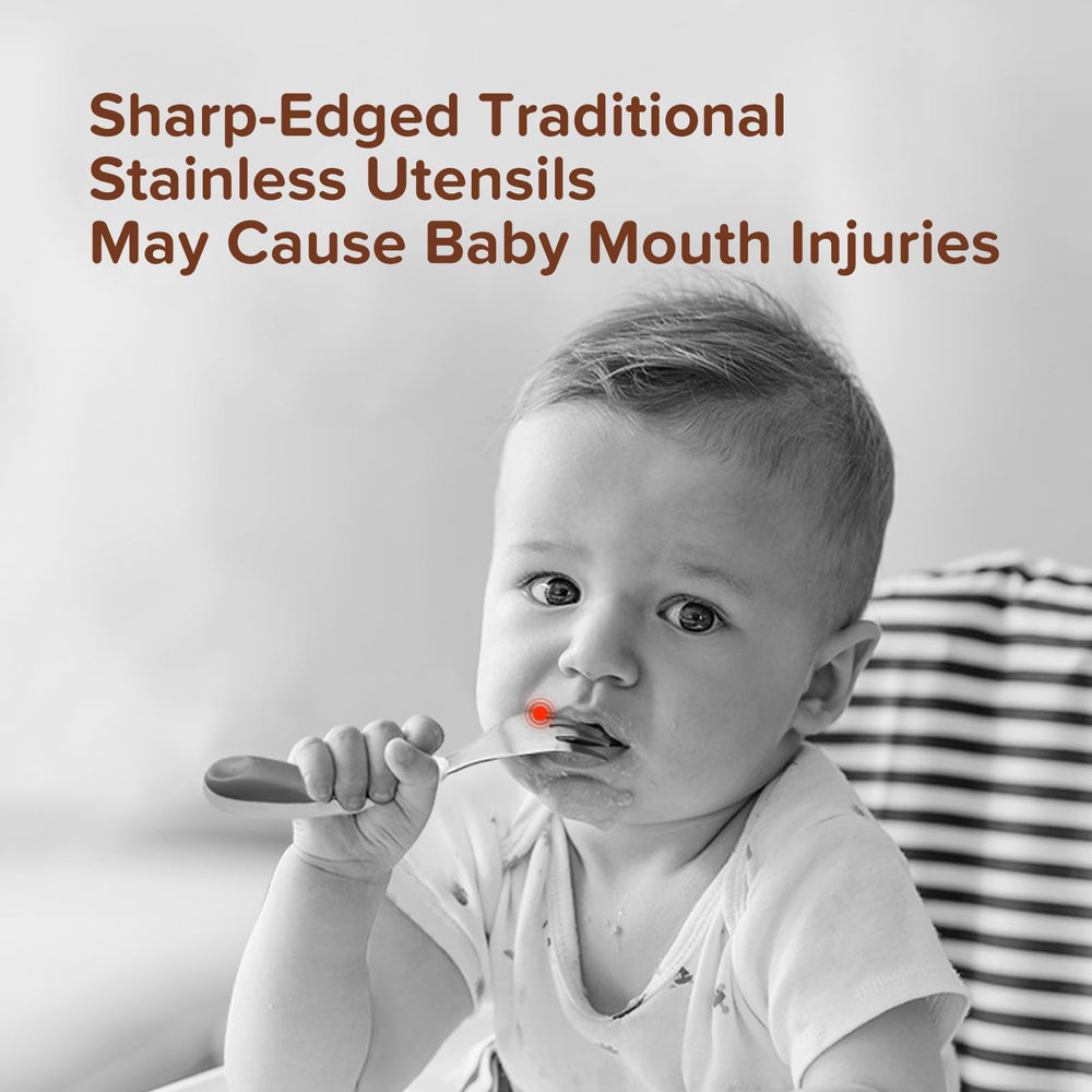Thyseed stainless steel fork and spoon showcasing durable self-feeding design.