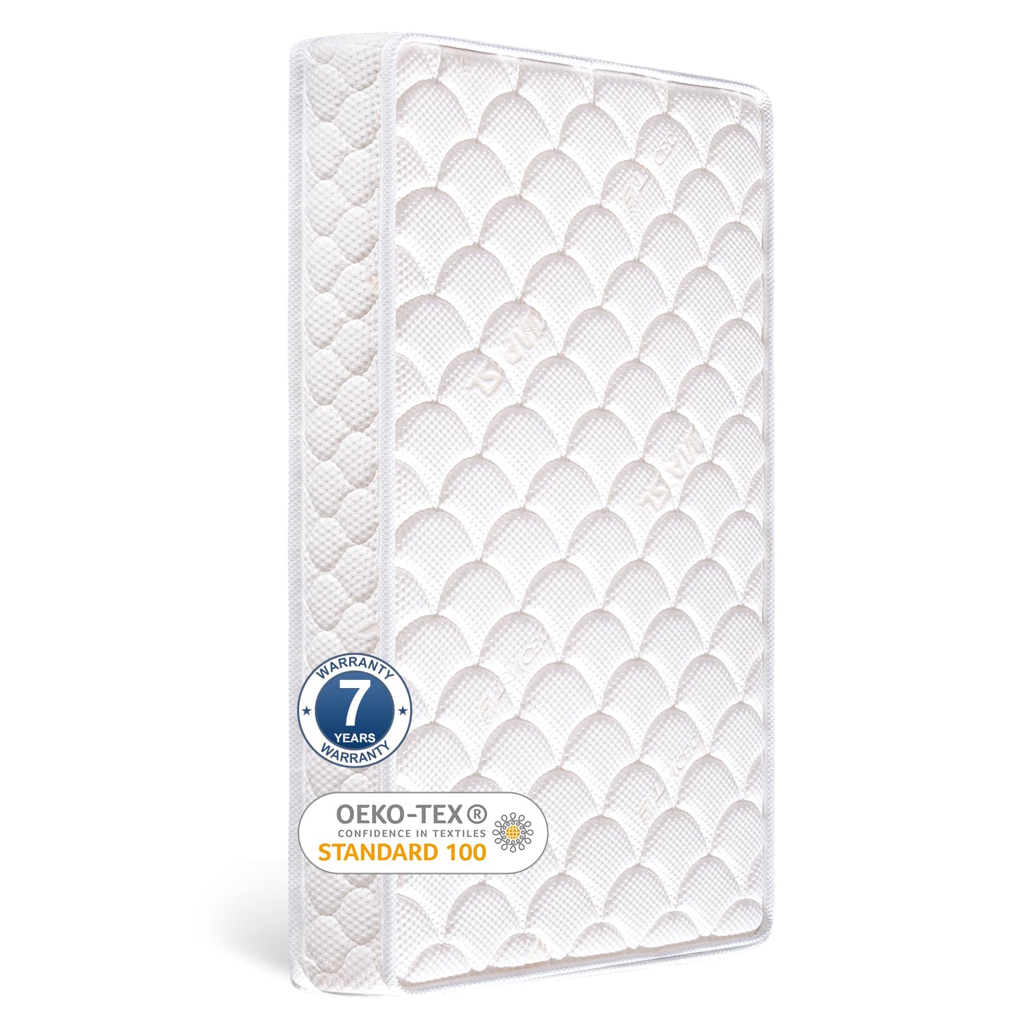 Tiankehan Dual-Sided Crib Mattress top view shows compact size with breathable knitted fabric for quiet naps.
