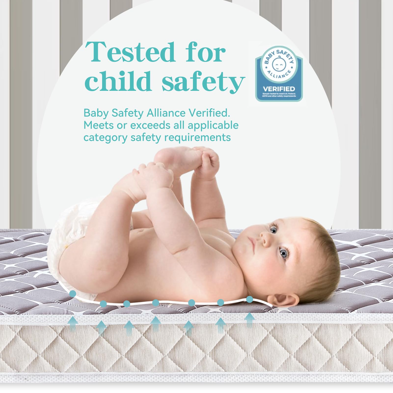 Tiankehan noble gray mattress hides dirt and fits standard cribs and toddler beds.