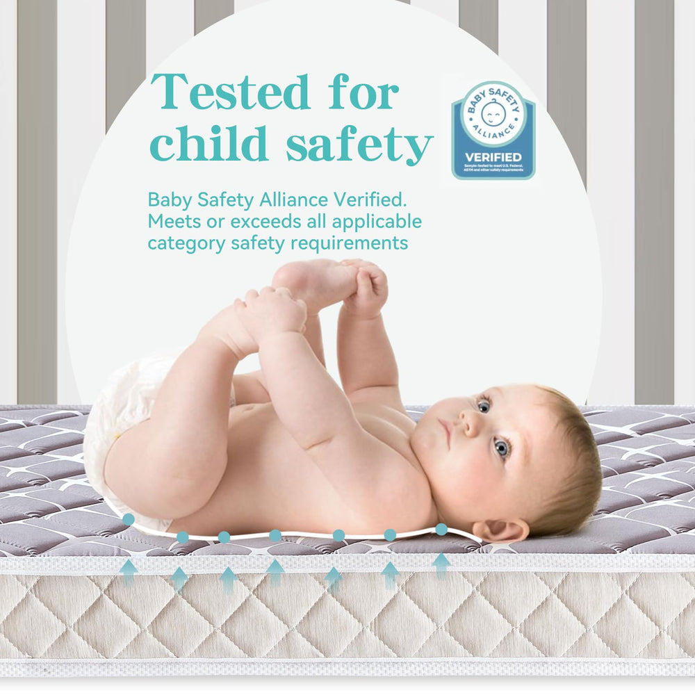 Tiankehan noble gray mattress hides dirt and fits standard cribs and toddler beds.