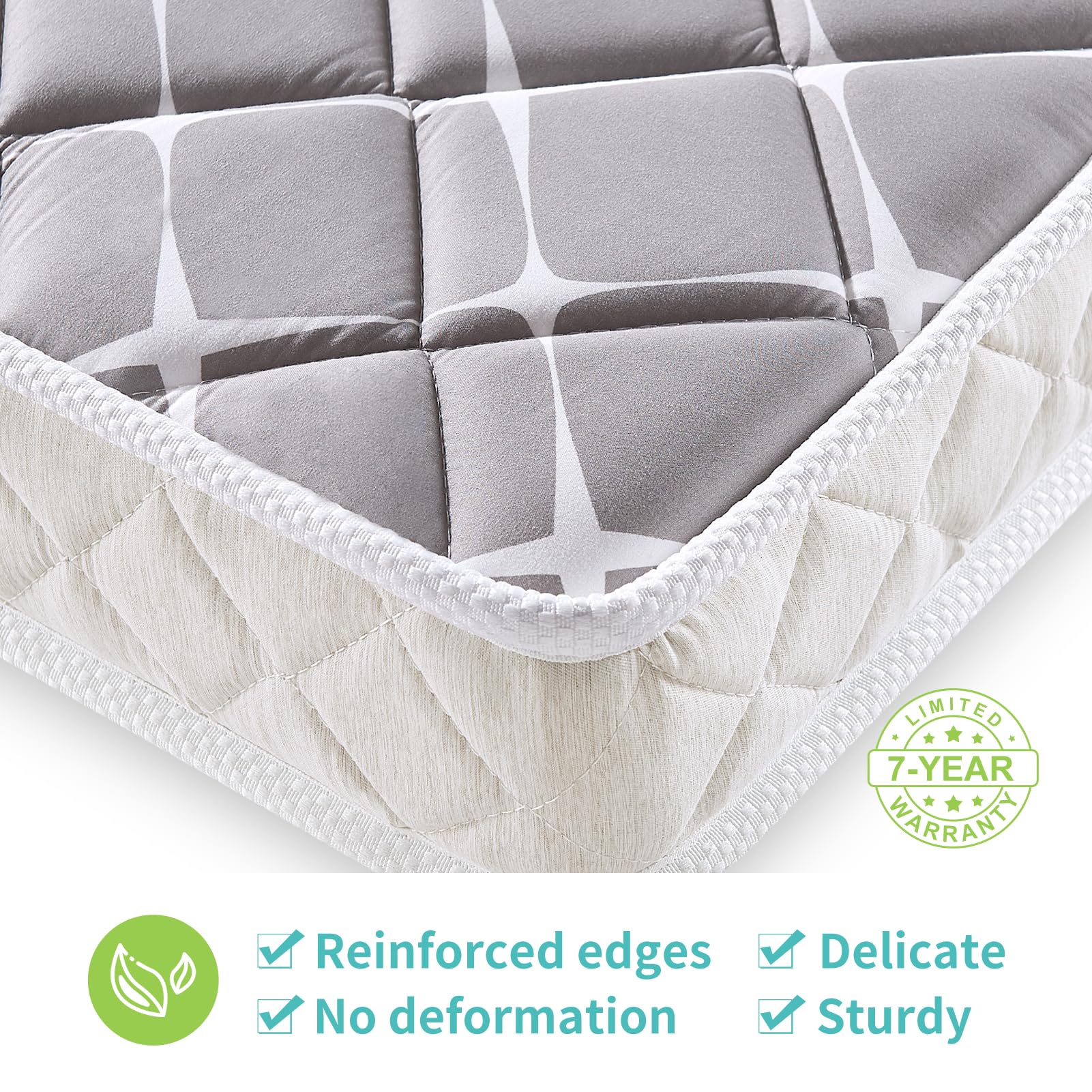 Tiankehan premium dual-sided crib mattress bottom view demonstrates compact fit for standard cribs.