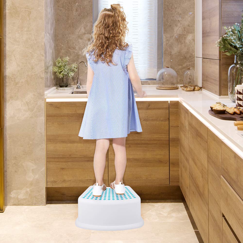 Tiawudi step stool blue stackable design saves bathroom space.