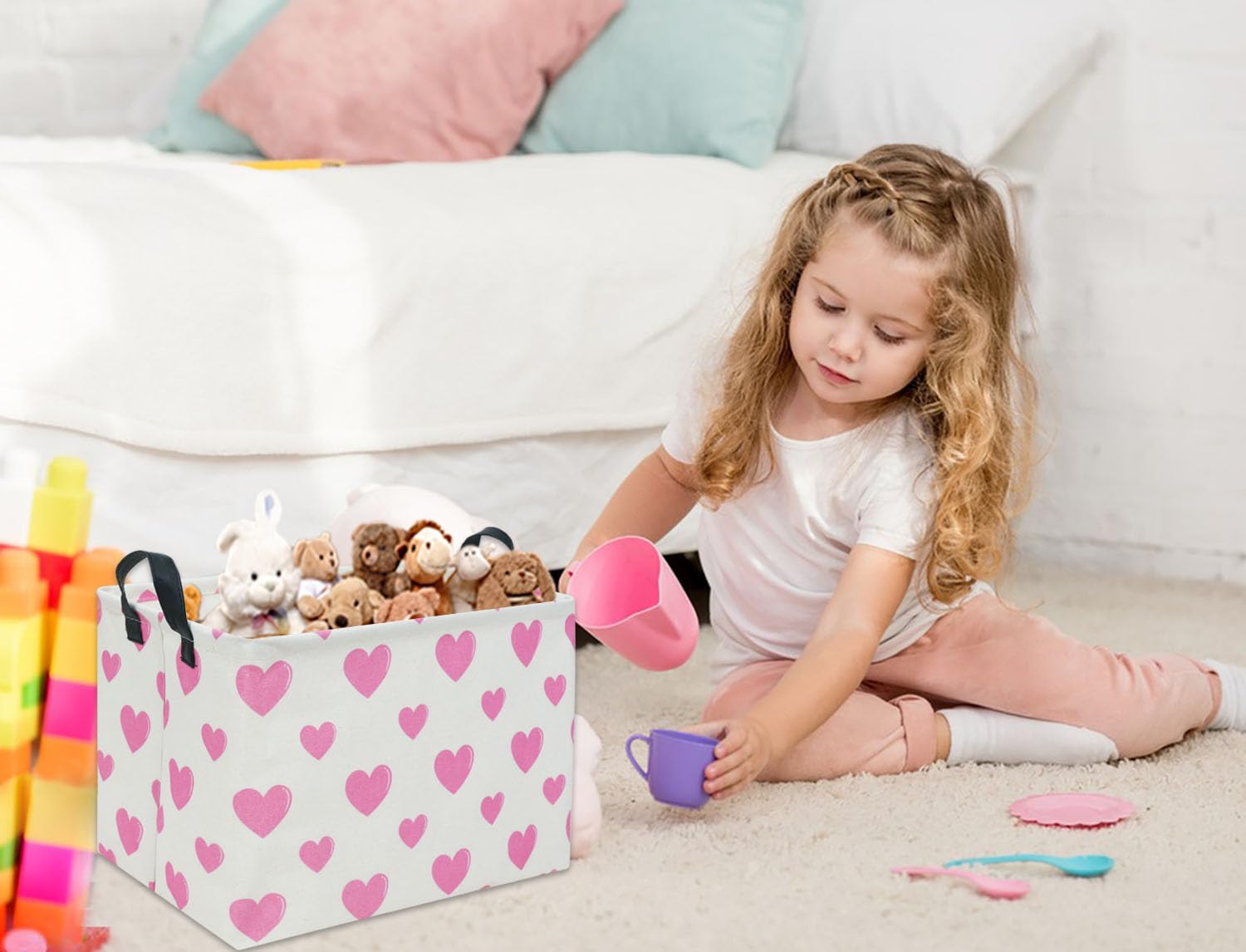 TIBAOLOVER pink storage bin with sturdy handles for easy transport.