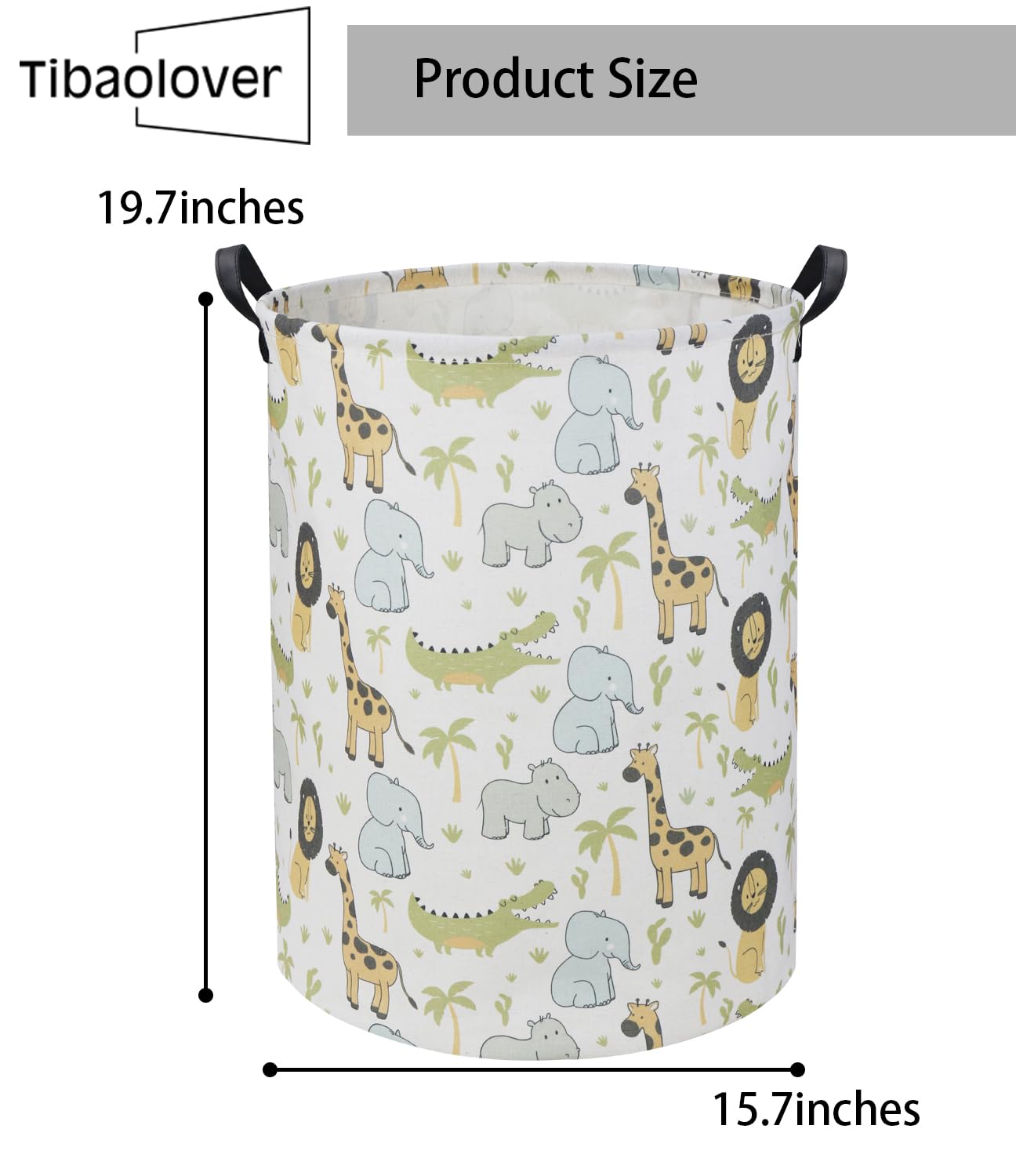 TIBAOLOVER Animal Baby Laundry Basket measures 19.7x15.7 inches, fits 33+ clothes.
