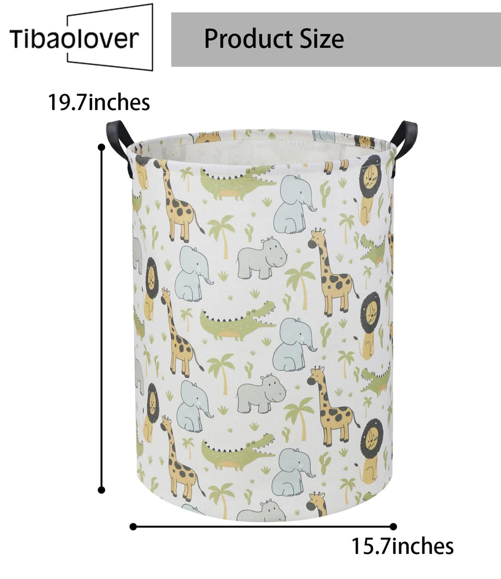 TIBAOLOVER Animal Baby Laundry Basket measures 19.7x15.7 inches, fits 33+ clothes.