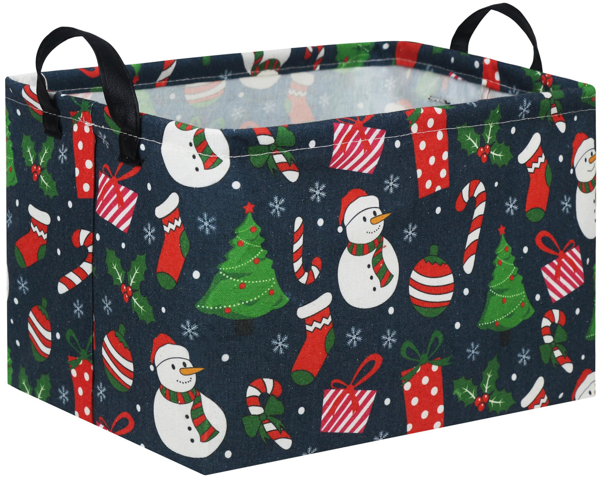 TIBAOLOVER Christmas basket blue front view shows sturdy canvas with waterproof lining for storage