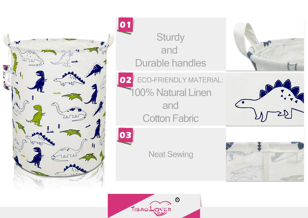 TIBAOLOVER dinosaur laundry bin opened showing moisture-resistant lining.