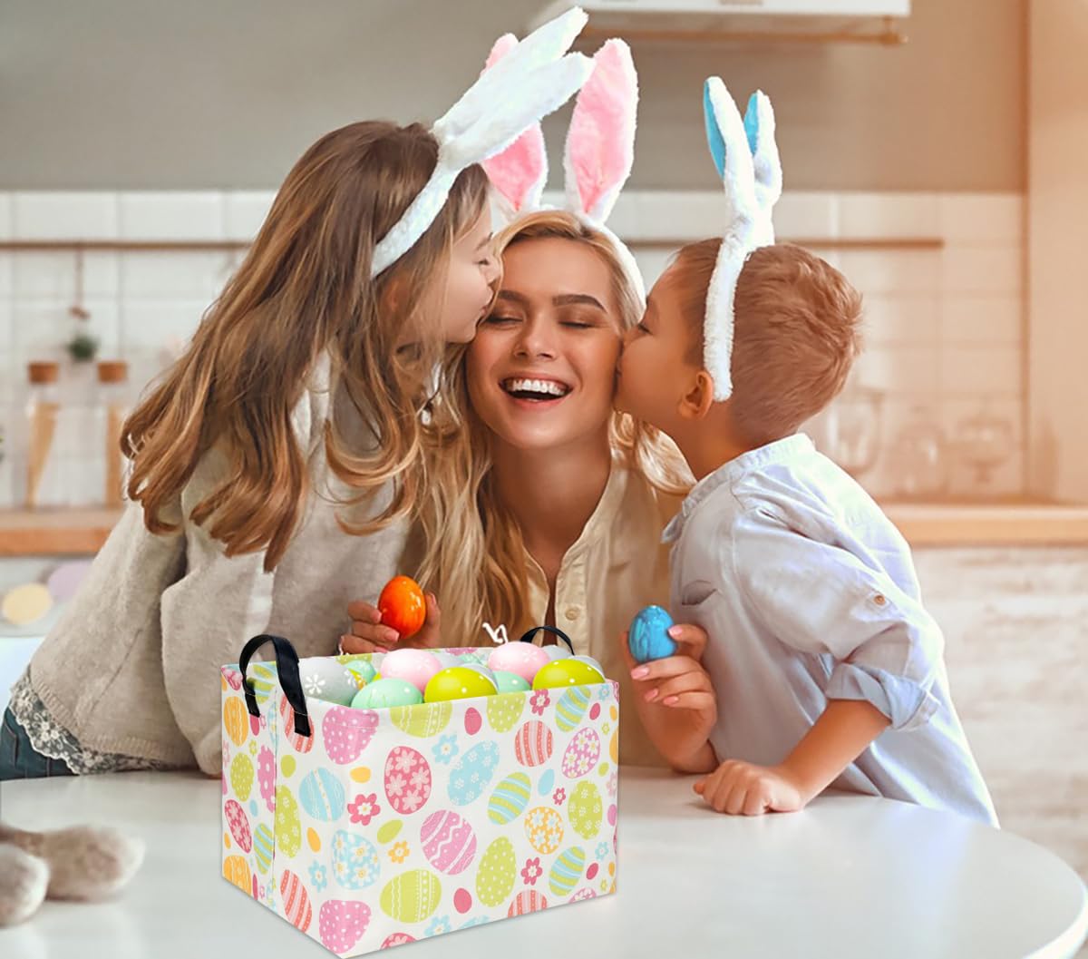TIBAOLOVER kids toy storage bin with Easter egg design enhances playful bedroom organization.
