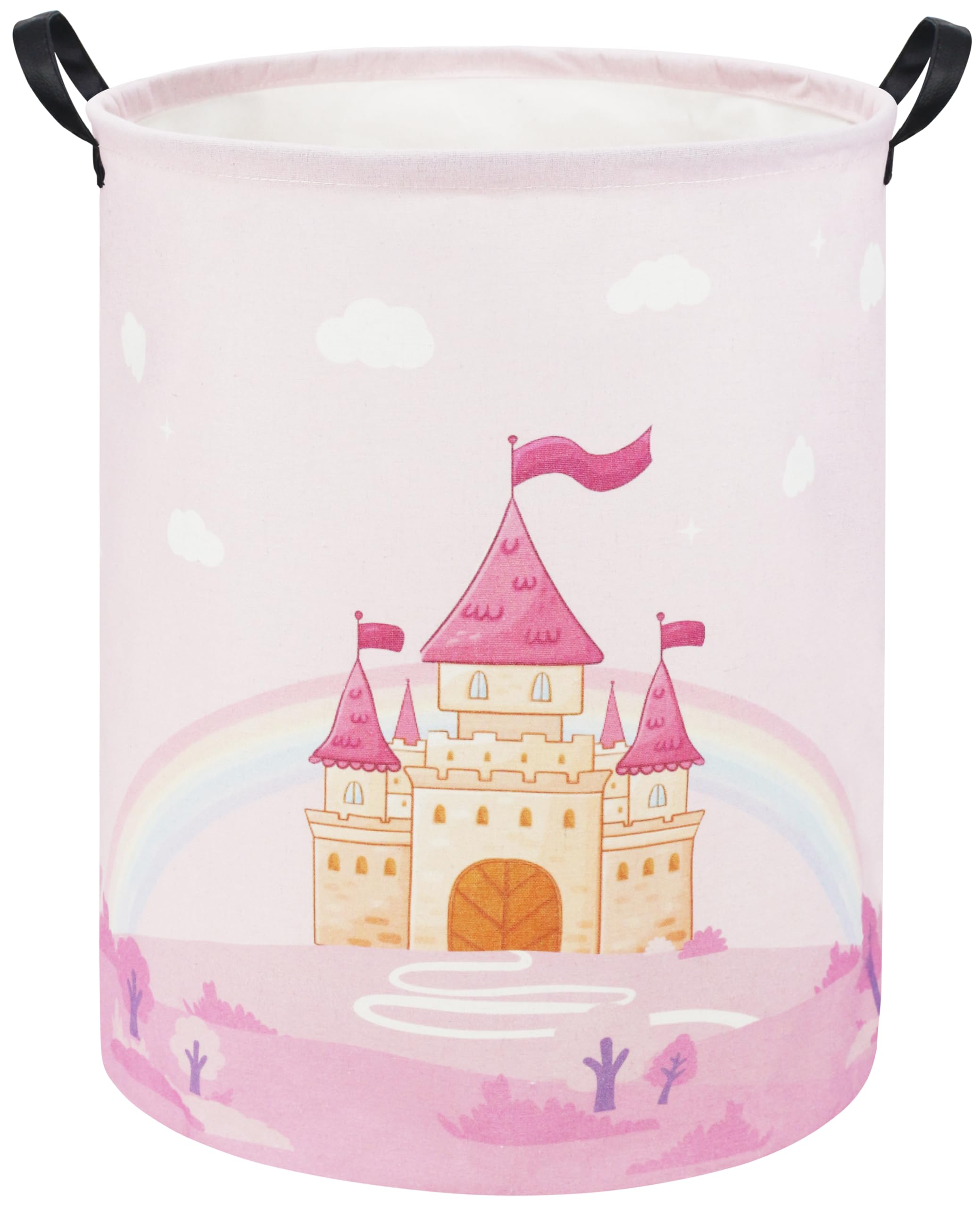 TIBAOLOVER Pink Castle kids laundry basket front view for organization