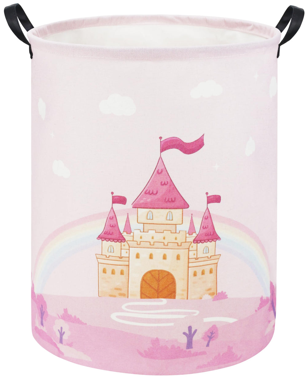 TIBAOLOVER Pink Castle kids laundry basket front view for organization
