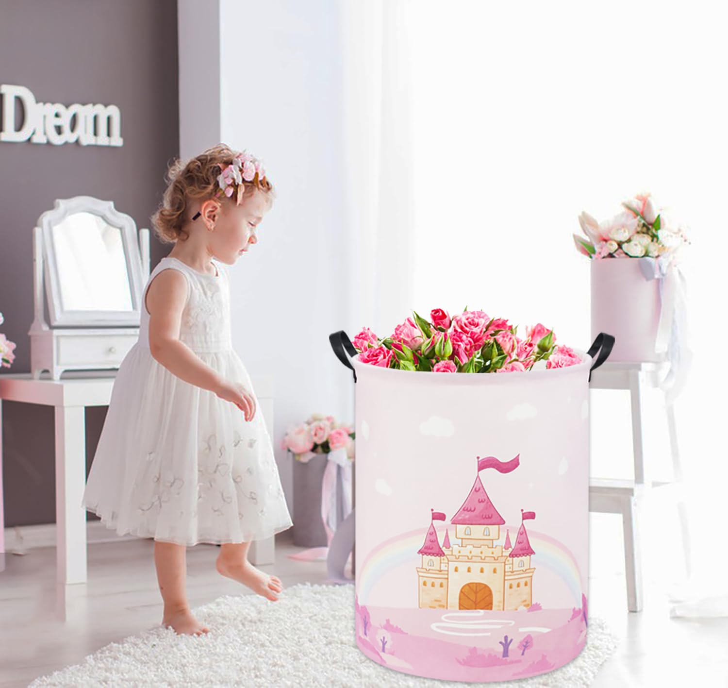 TIBAOLOVER Pink Castle nursery decor with fabric and design details