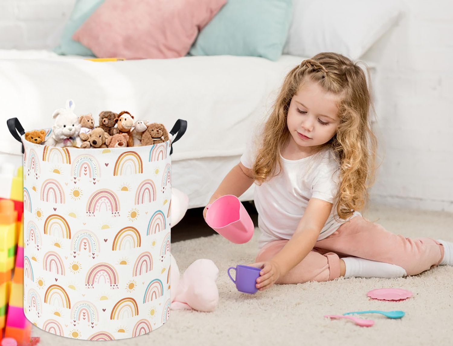 Tibaolover Rainbow Kids Laundry Basket closeup highlights durable fabric and waterproof inner coating.
