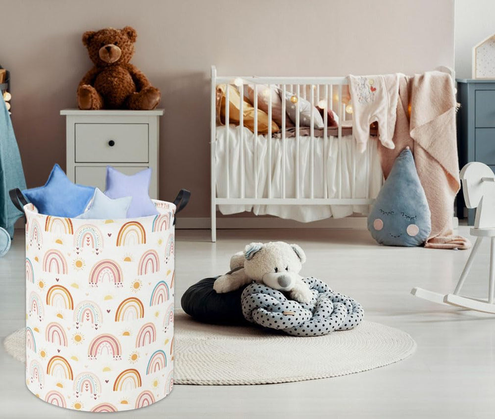 Tibaolover Rainbow Kids Laundry Basket size-dimensions shows 50×40 cm capacity for 33+ clothes.