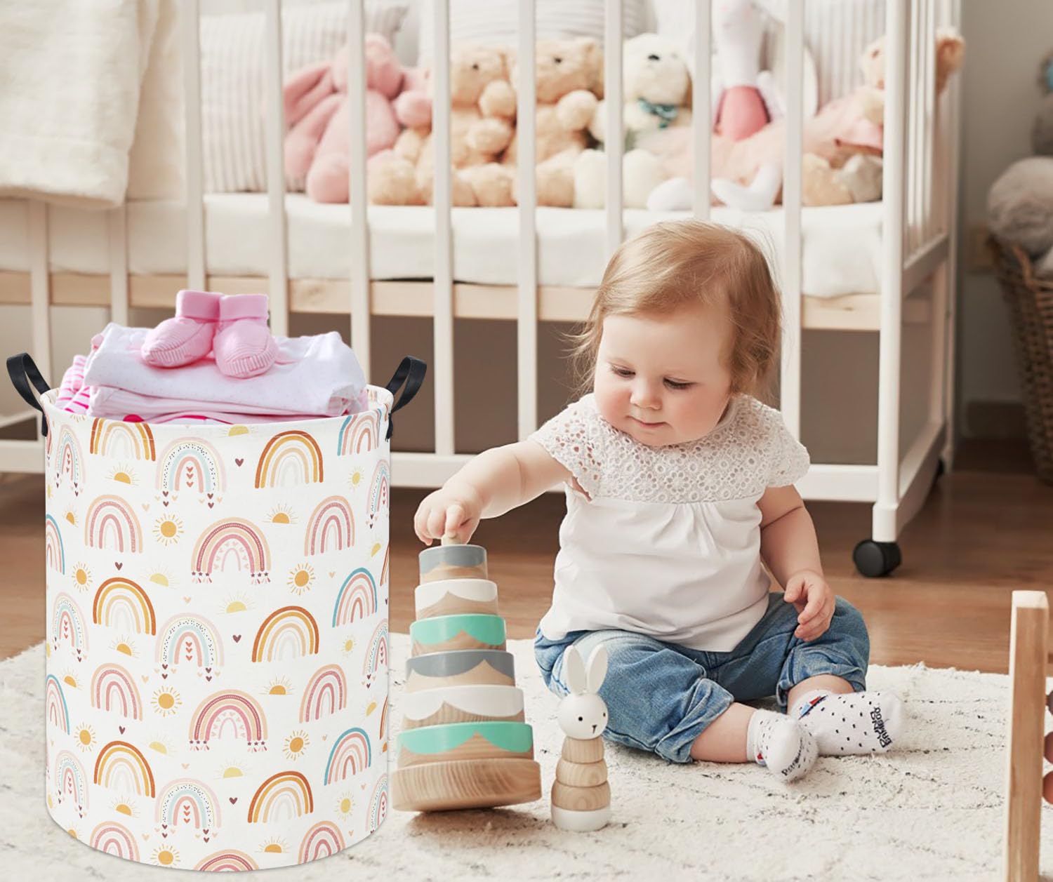 Tibaolover Rainbow Kids Laundry Basket with toys demonstrates versatile toy and clothing storage.