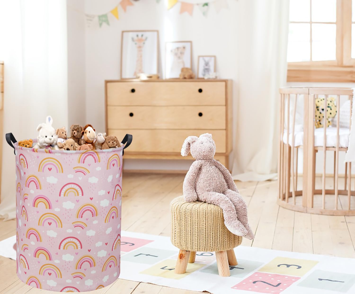 TIBAOLOVER Rainbow Pink Baby Laundry Basket collapsible for space-saving storage.