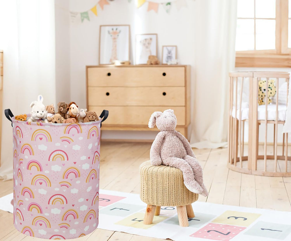 TIBAOLOVER Rainbow Pink Baby Laundry Basket collapsible for space-saving storage.