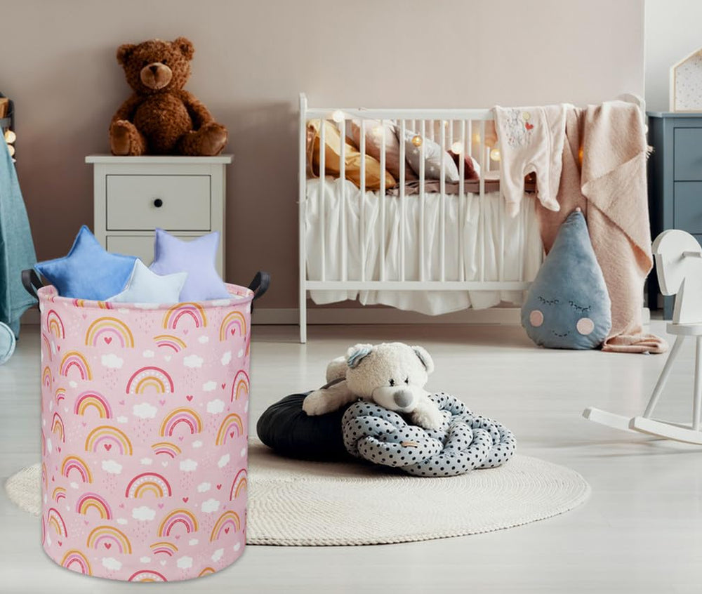 TIBAOLOVER Rainbow Pink Baby Laundry Basket in-use in kids' room keeps toys tidy.