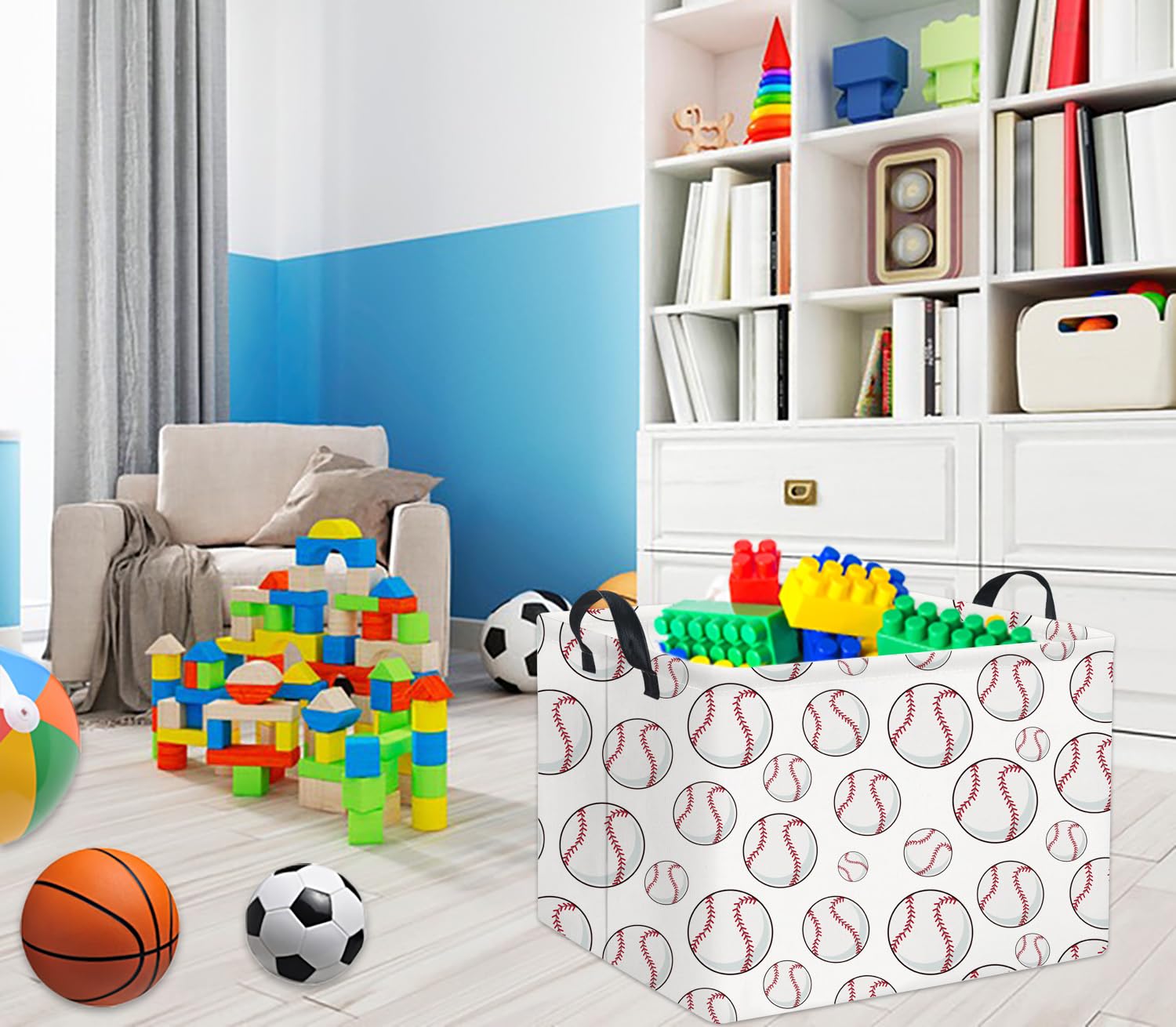 TIBAOLOVER rectangular baseball basket in a kids room keeps clutter under control during play.