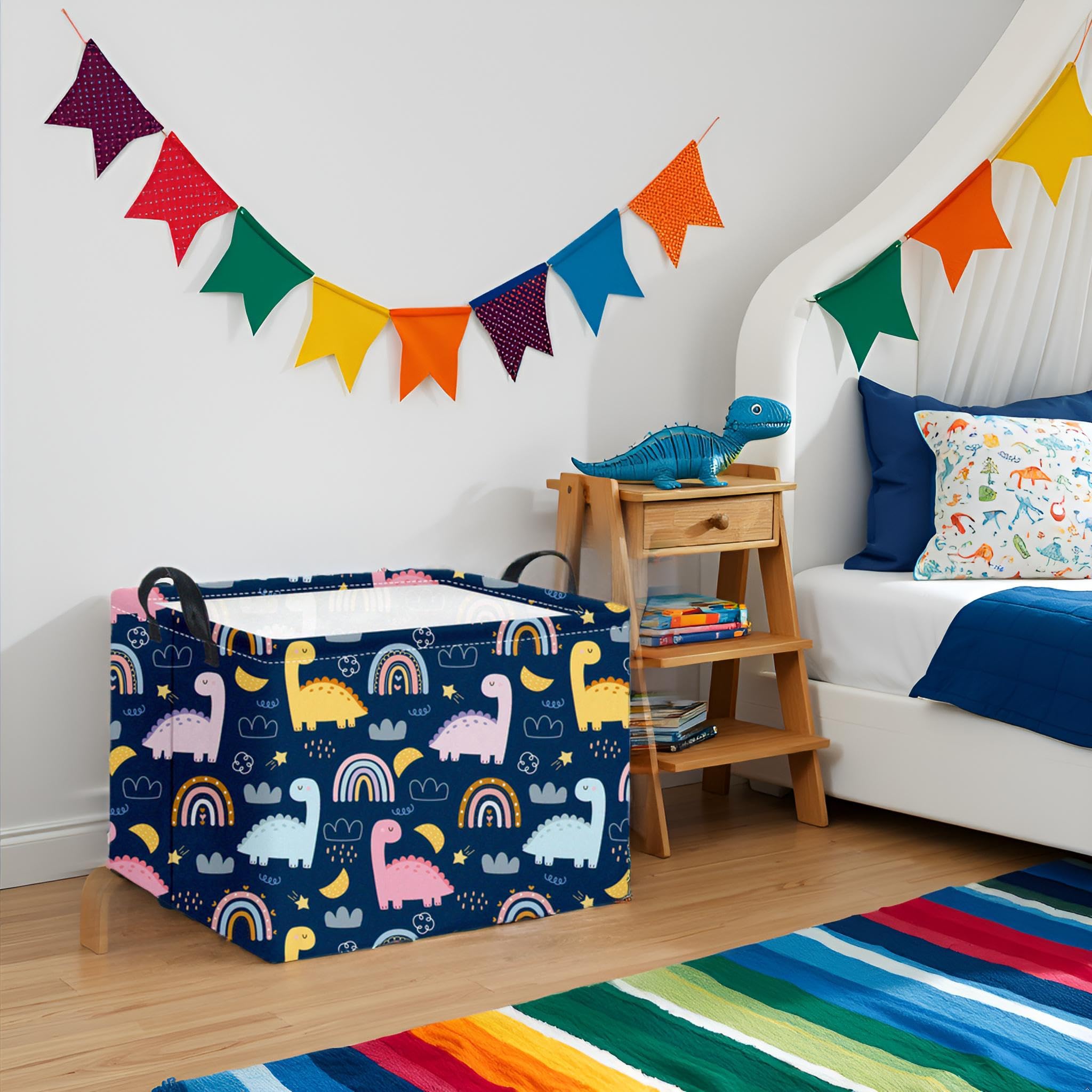 TIBAOLOVER rectangular dinosaur basket open inside, revealing lightweight polyester with waterproof inner.
