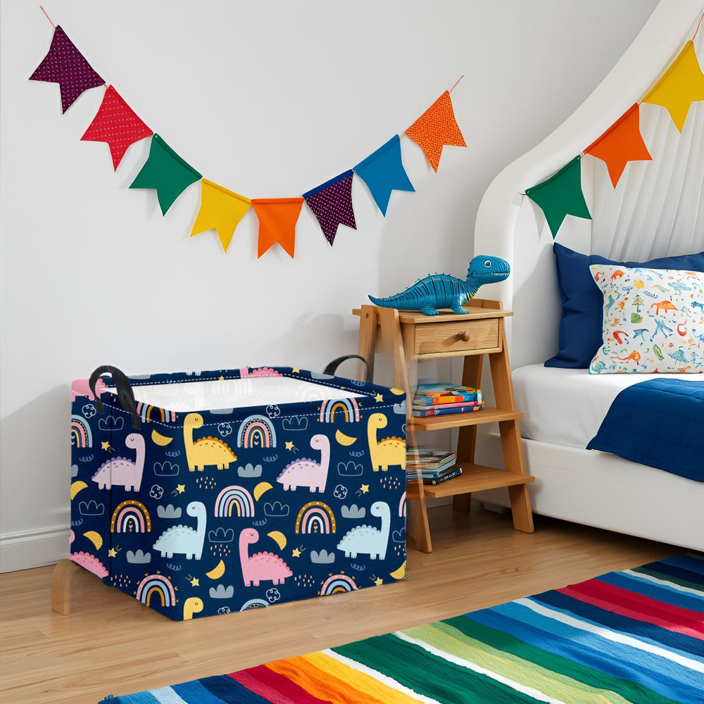TIBAOLOVER rectangular dinosaur basket open inside, revealing lightweight polyester with waterproof inner.