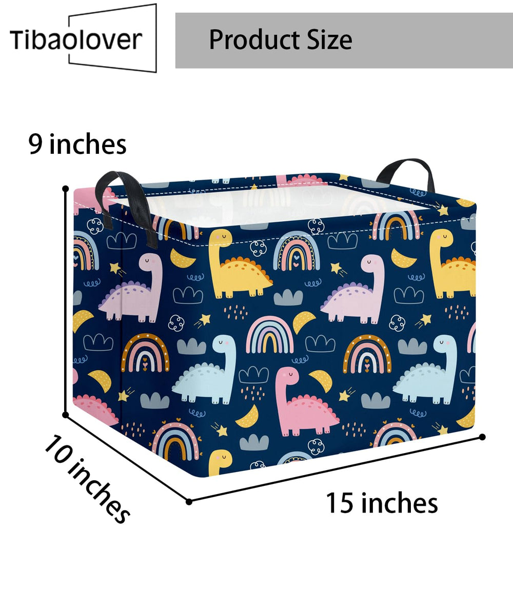 TIBAOLOVER rectangular dinosaur basket used for toy storage or clothing organization.