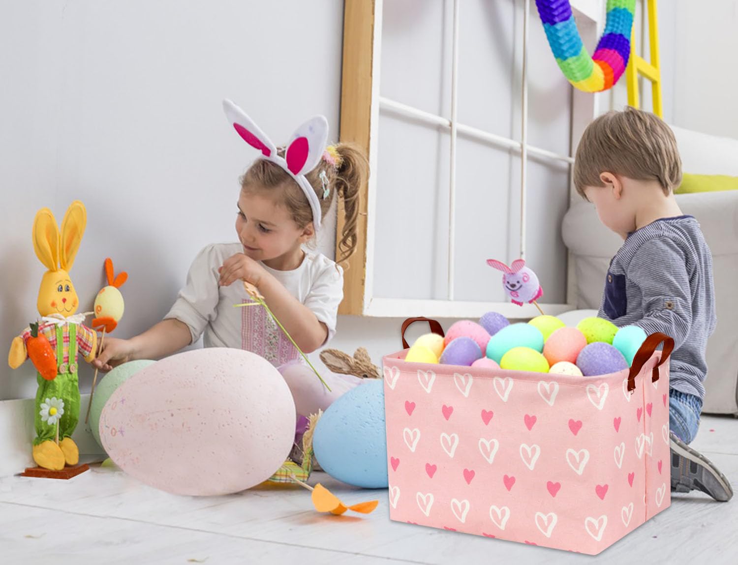 TIBAOLOVER pink heart basket open as toy organizer on shelf