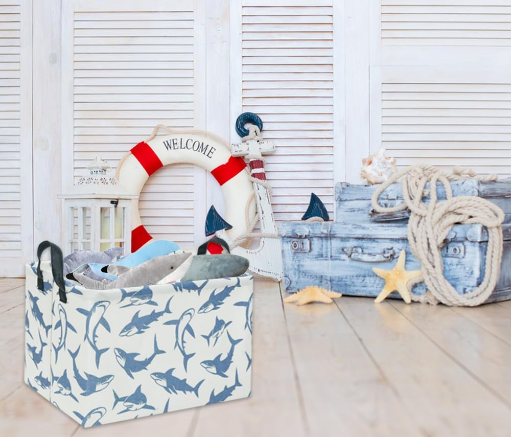 TIBAOLOVER rectangular shark basket open-top shows easy access to books and toys.