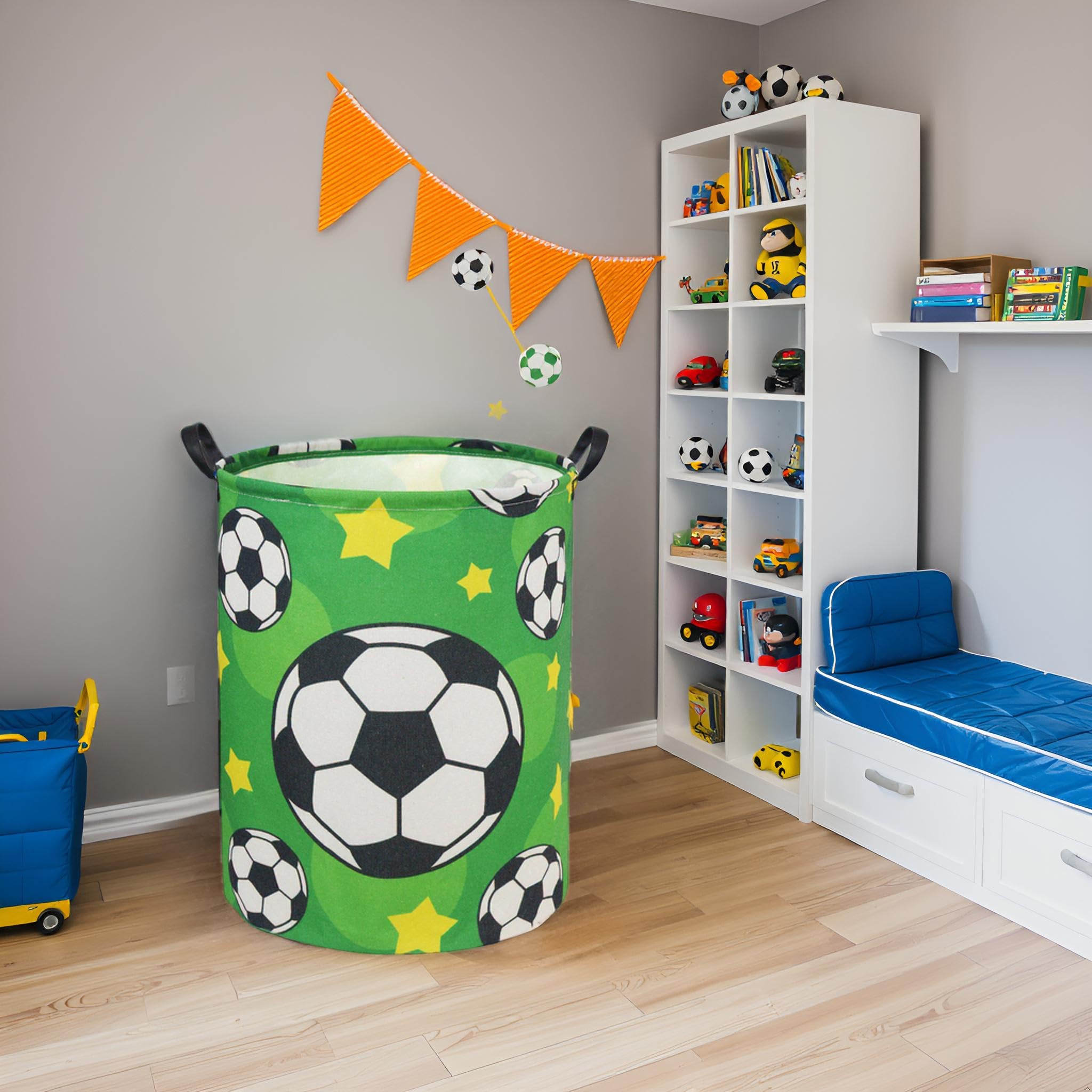 TIBAOLOVER soccer kids laundry basket in a kid's room as playful decor and organizer.