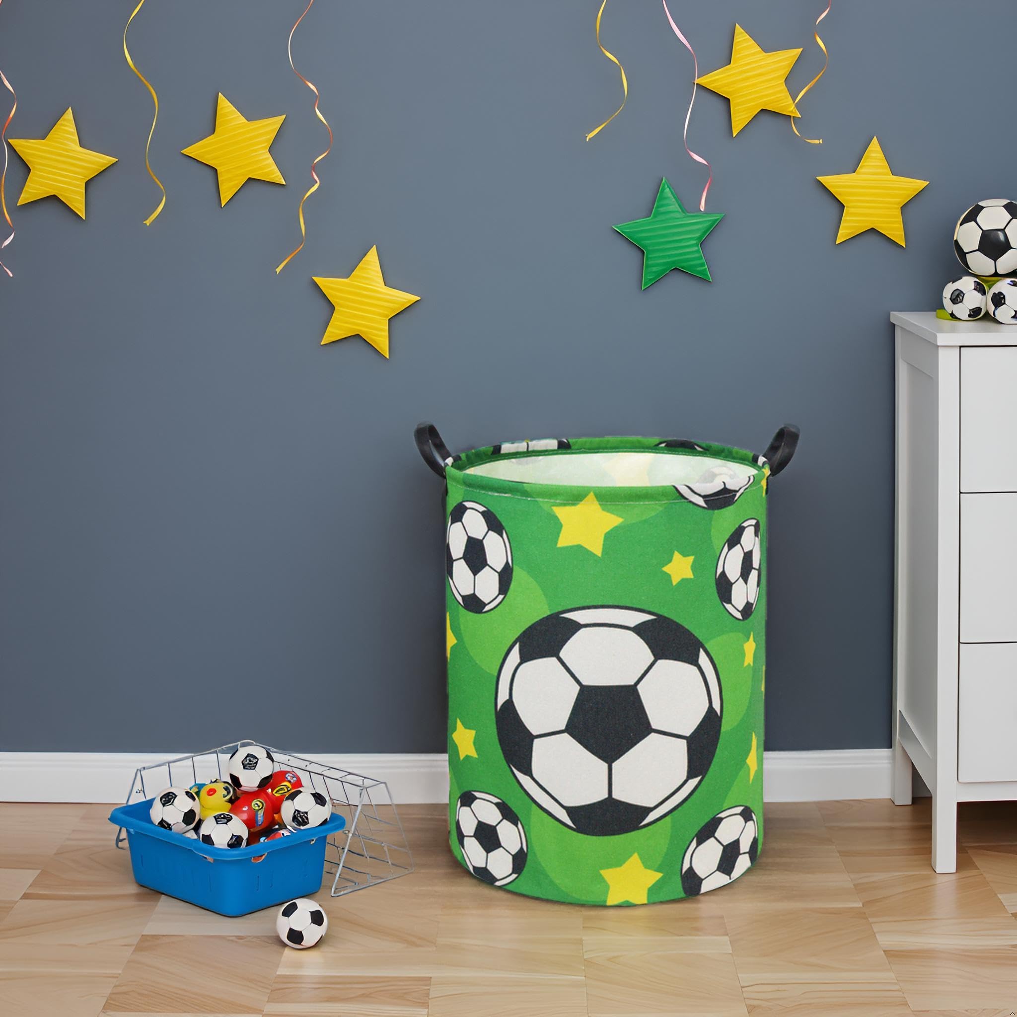 TIBAOLOVER soccer kids laundry basket contents view highlighting toy and clothing storage.