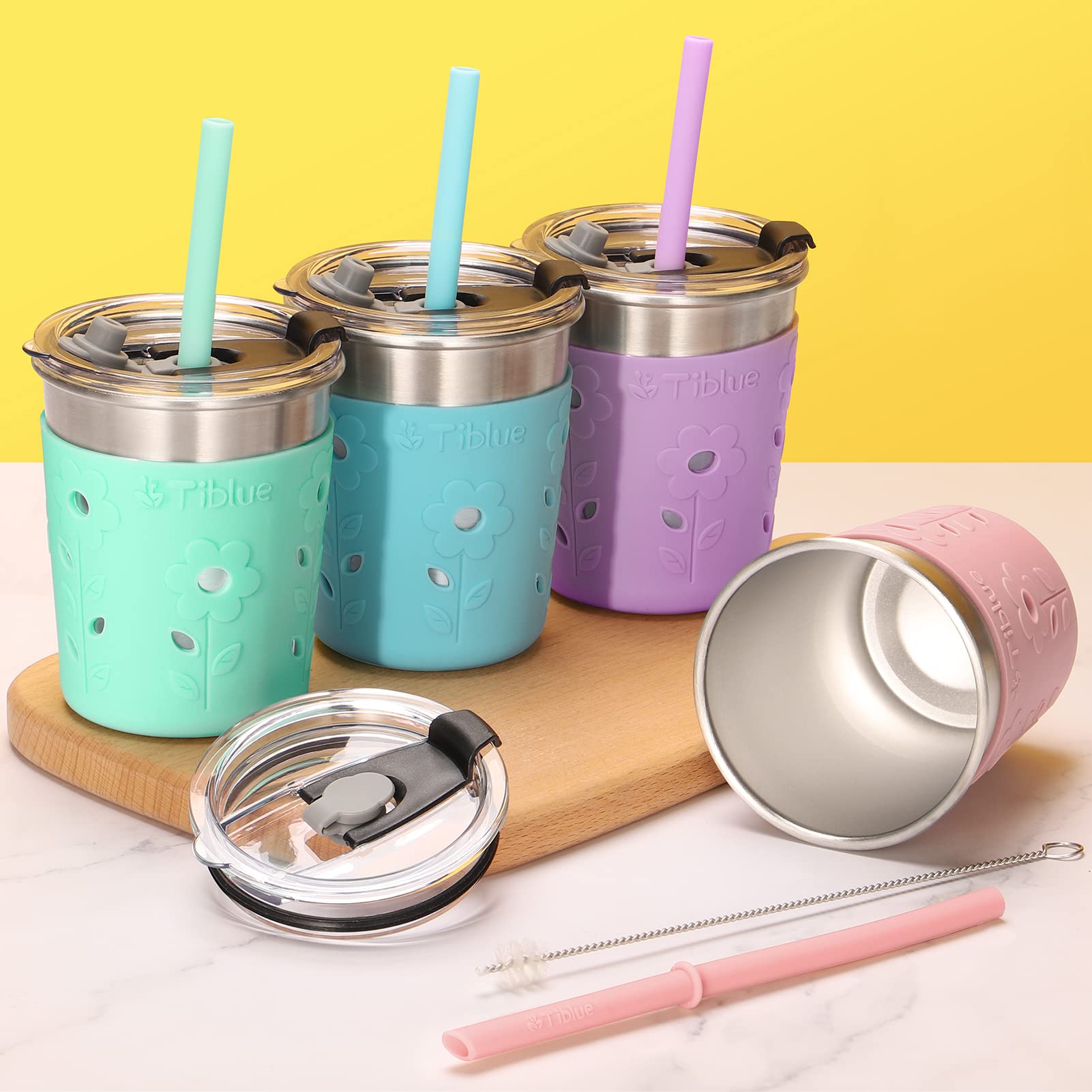 Tiblue Kids Cups four-pack set with sleeves and lids for on-the-go use.