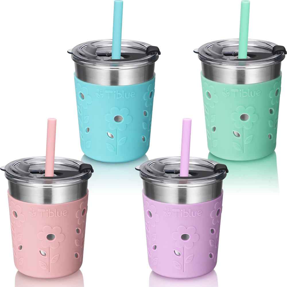 Tiblue Kids Cups shown with silicone sleeve protecting from heat and cold.