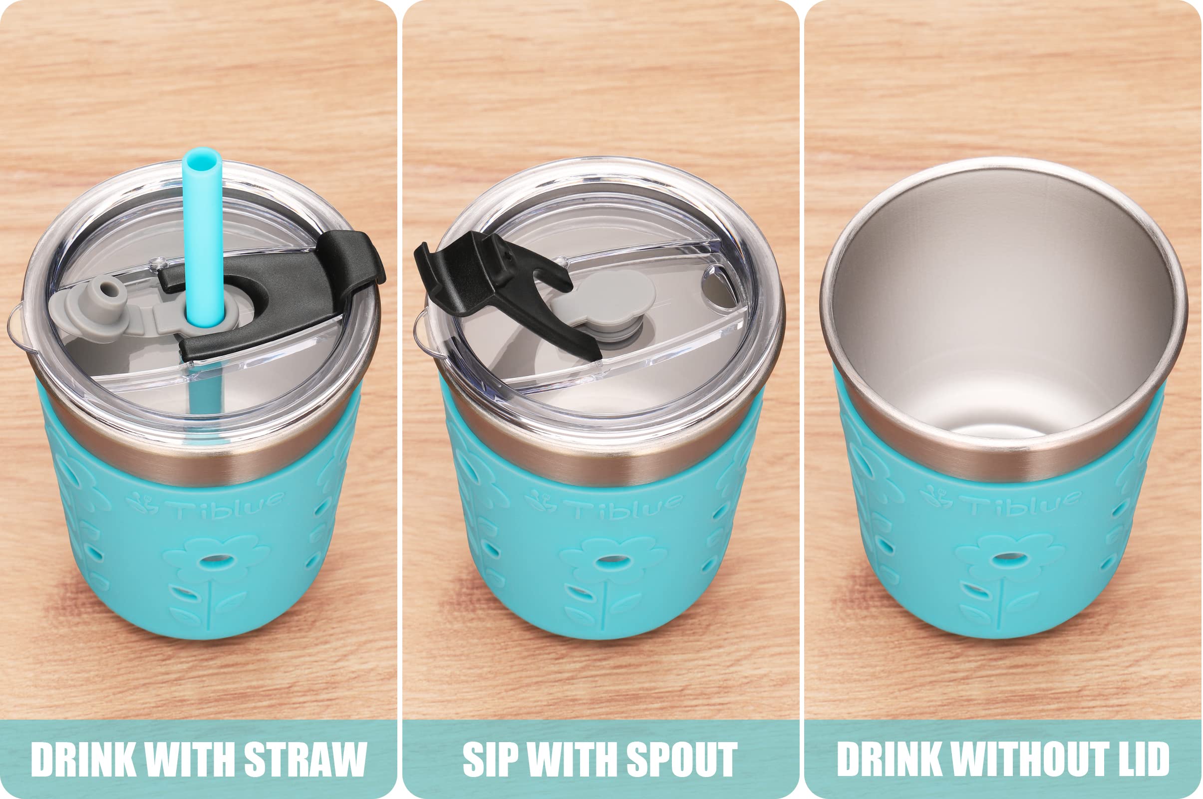 Tiblue Kids Cups lid demonstrates spill-proof design to prevent leaks.