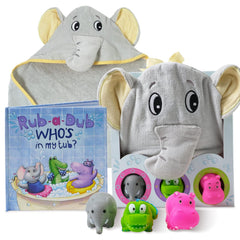 Tickle & Main elephant hooded towel in yellow, cozy post-bath warmth