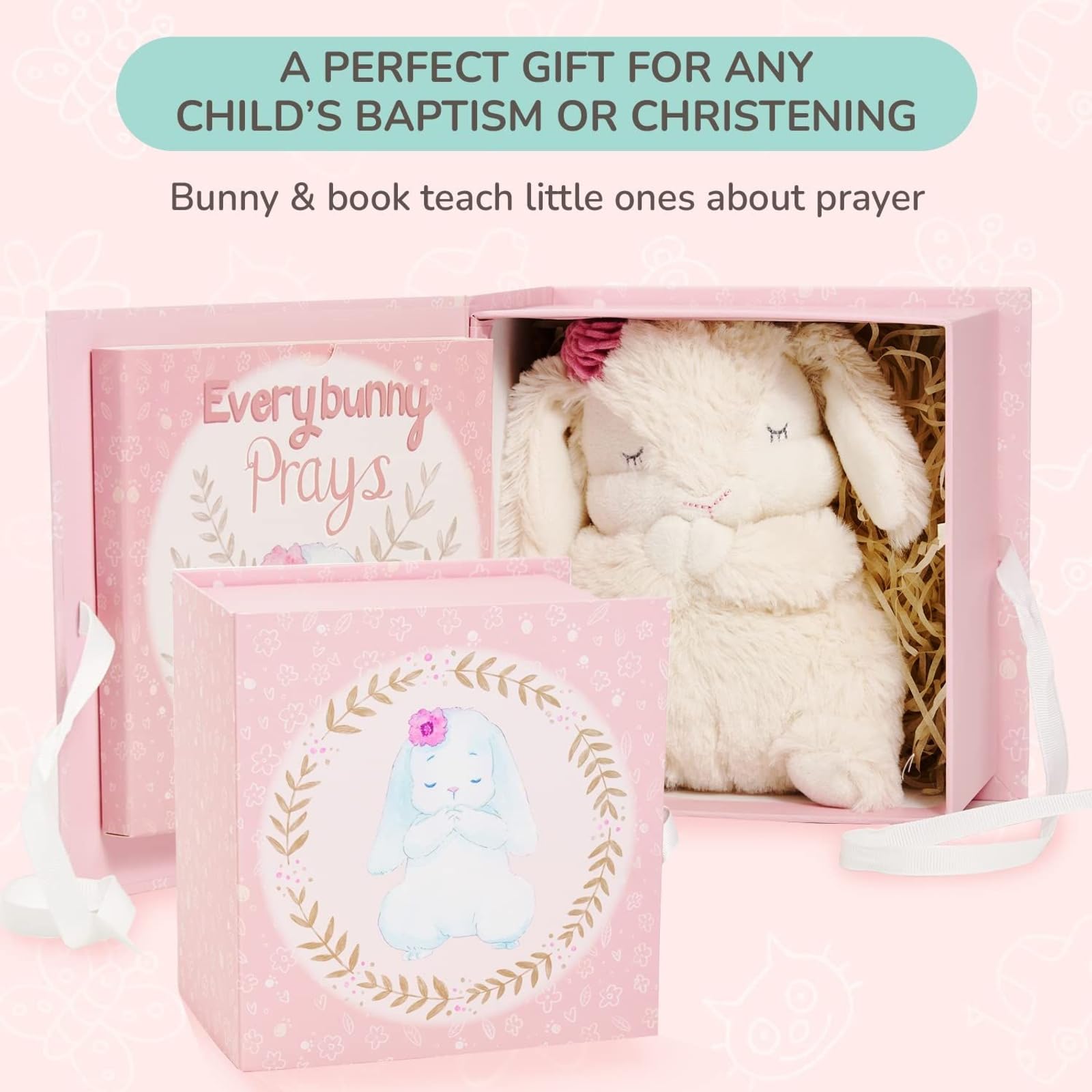 Tickle & Main Everybunny Prays pink rose gift box presents a thoughtful christening gift.