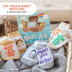 Tickle & Main Noah’s Ark socks trio with animal faces for newborn comfort.