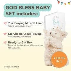 Tickle & Main interactive prayer lamb closeup highlights soothing, interactive comfort for bedtime moments.