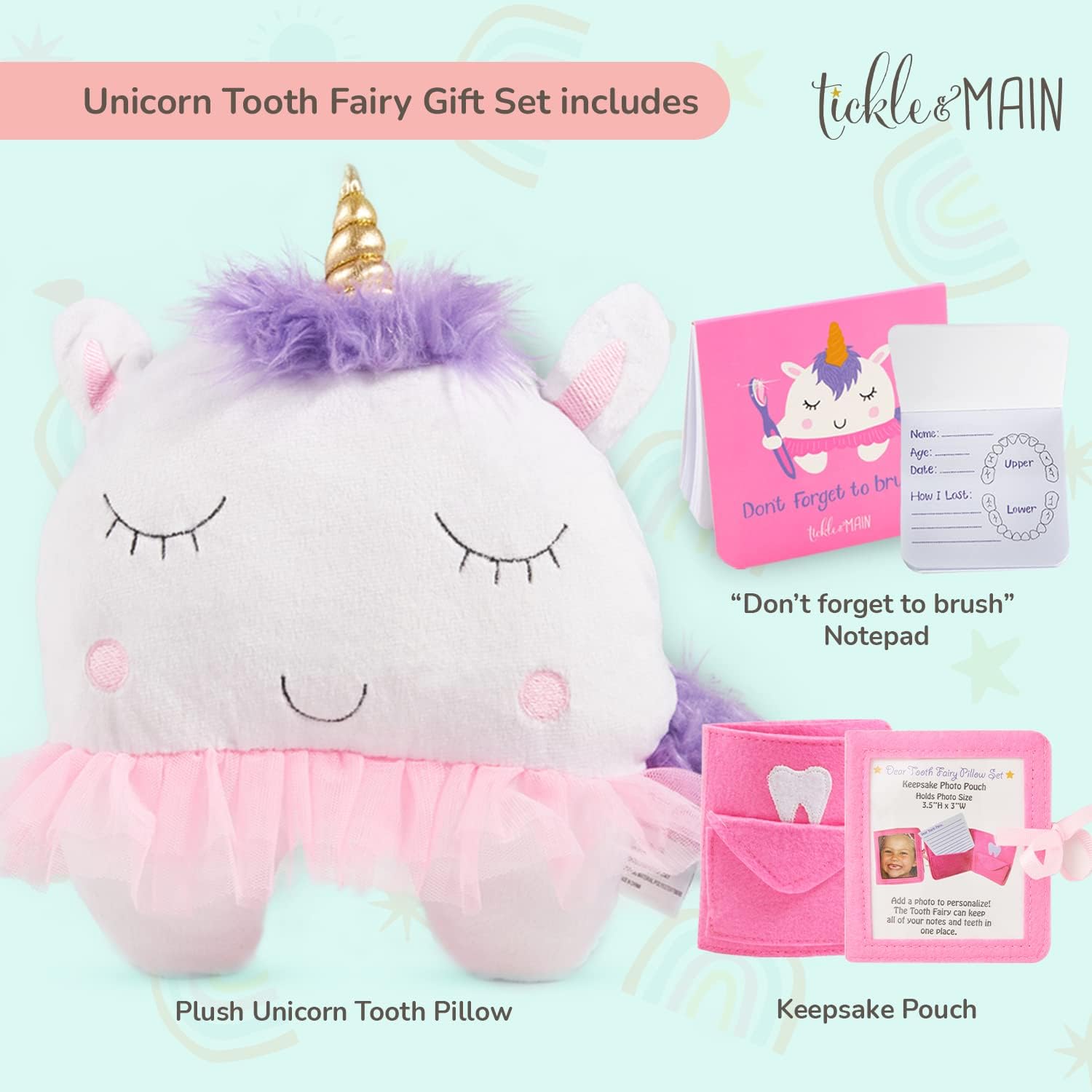 Tickle and Main unicorn tooth fairy notepad closeup with friendly brushing illustrations.